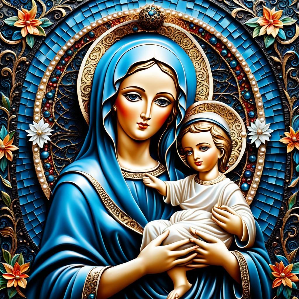 Mary and Jesus in Embossed Iron Mosaic