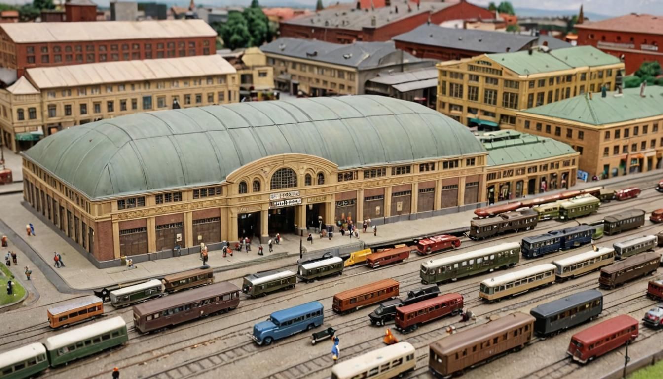 Realistic extremely wide shot of detailed, massive 1/87 scal...