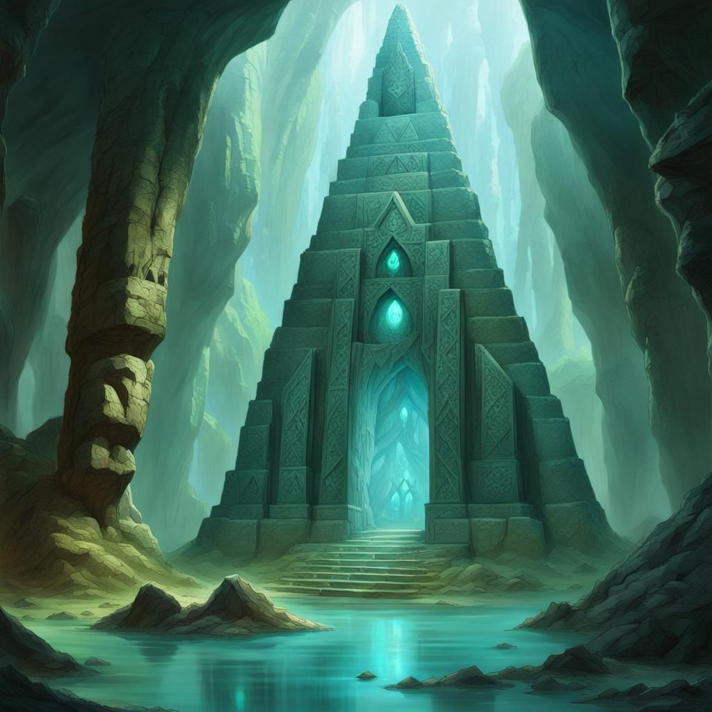 Submerged Pyramid Temple with Floating Runes, Fantasy Art