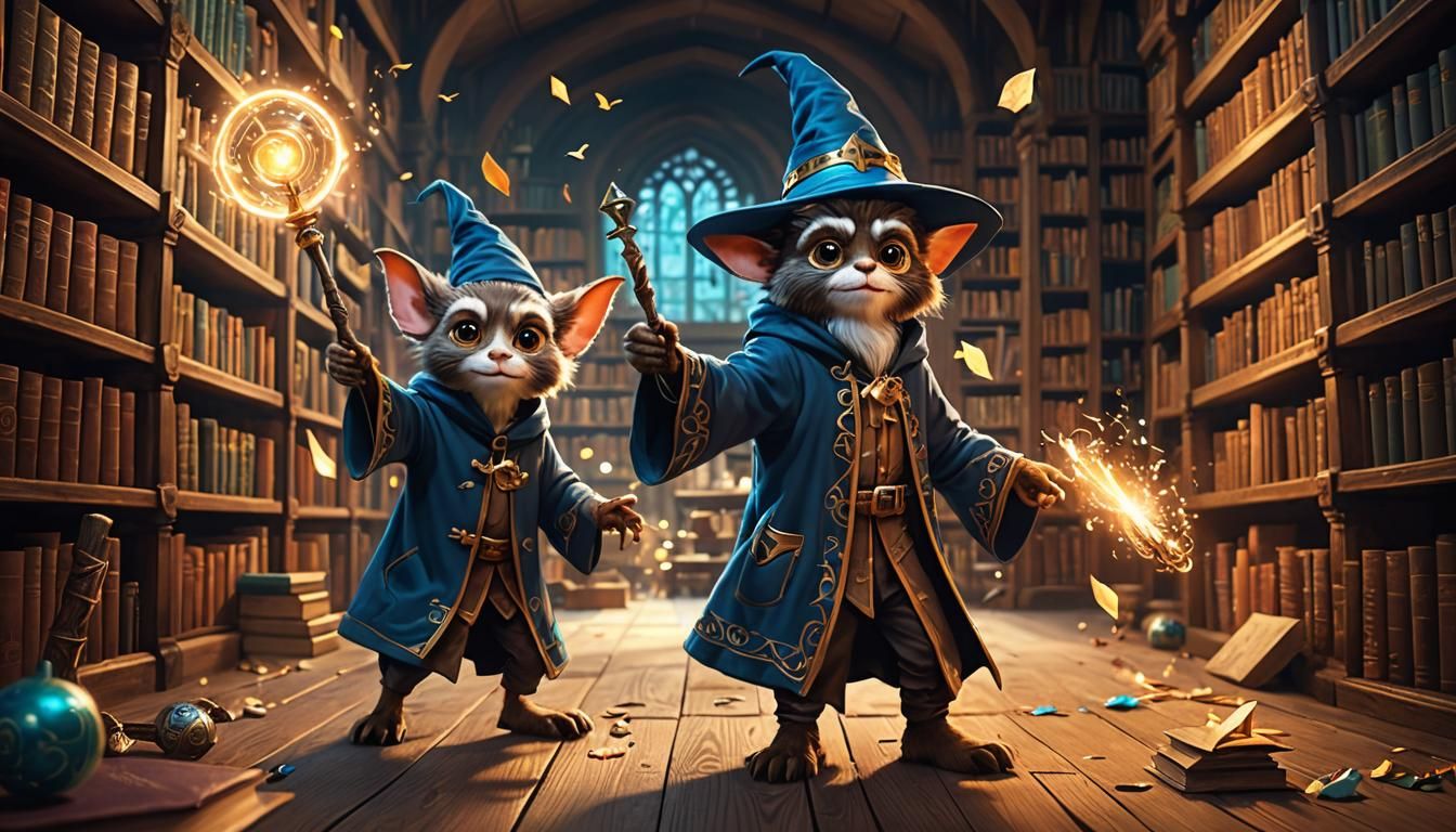 Young Wizard Chasing Gremlins in Magical Library