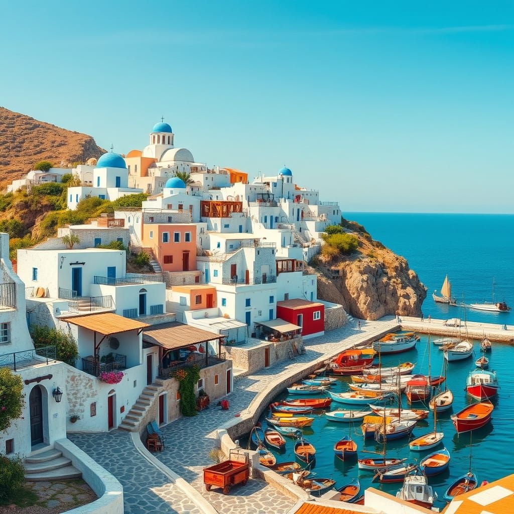 Greek Village Perched on a Hillside in a Vibrant Monet-Inspi...