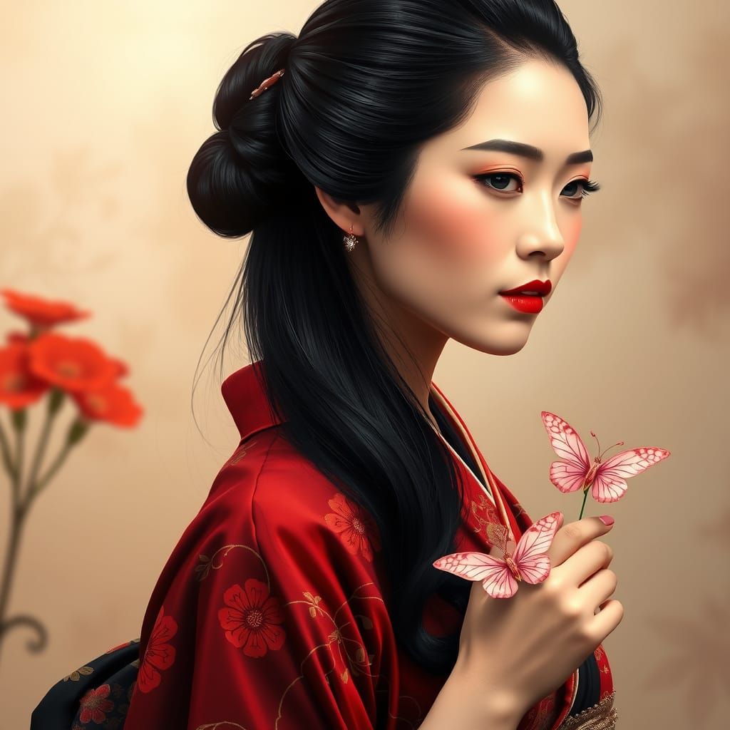 Elegant Asian Woman in Red and Black Kimono with Floral Moti...