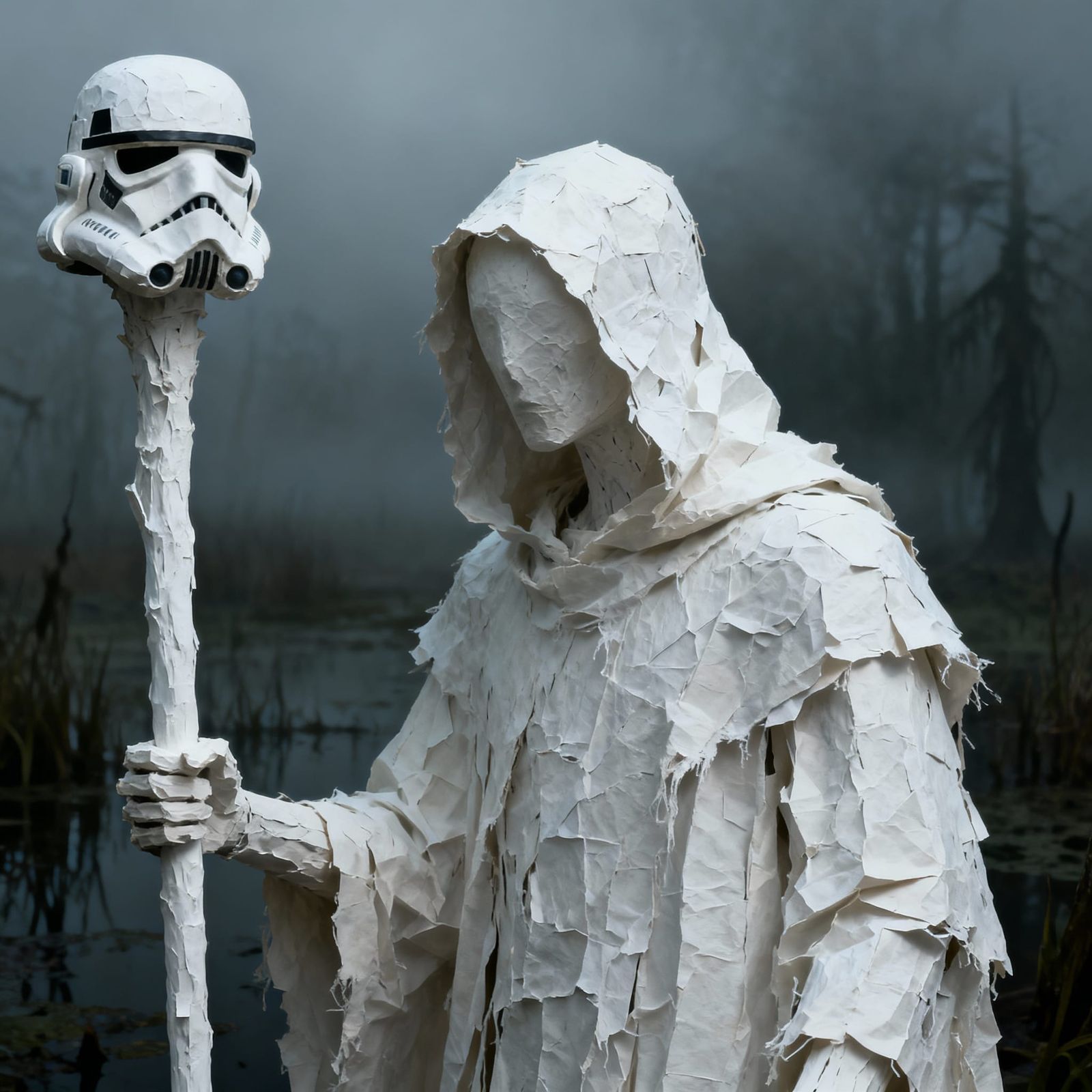 Macabre Paper-Mache Figure in Misty Swamp