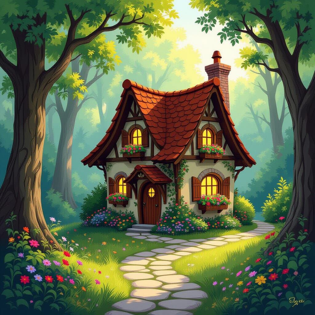 Fairytale Cottage in Sun-Dappled Ancient Forest