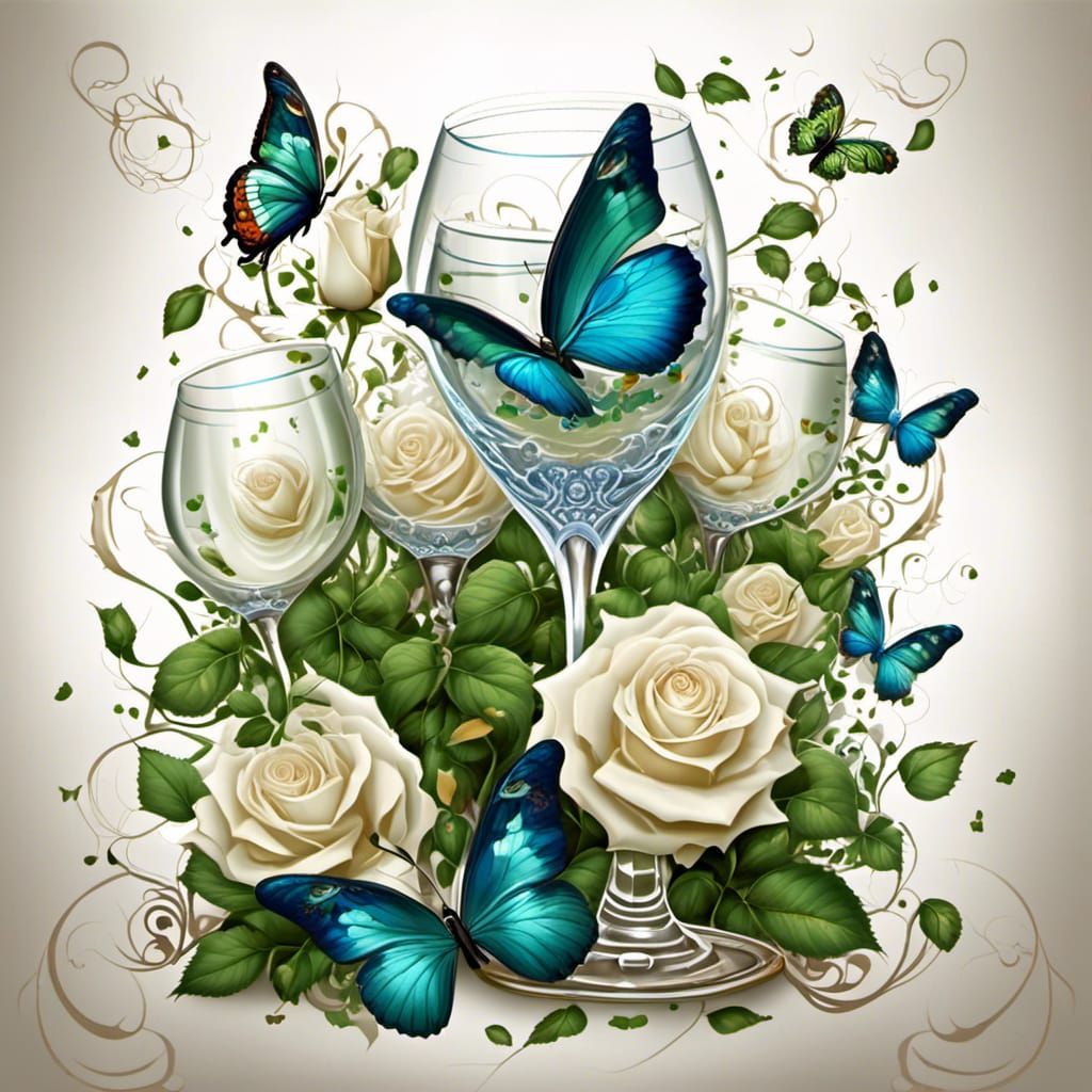 Champagne Toast Surrounded by Butterflies and Roses