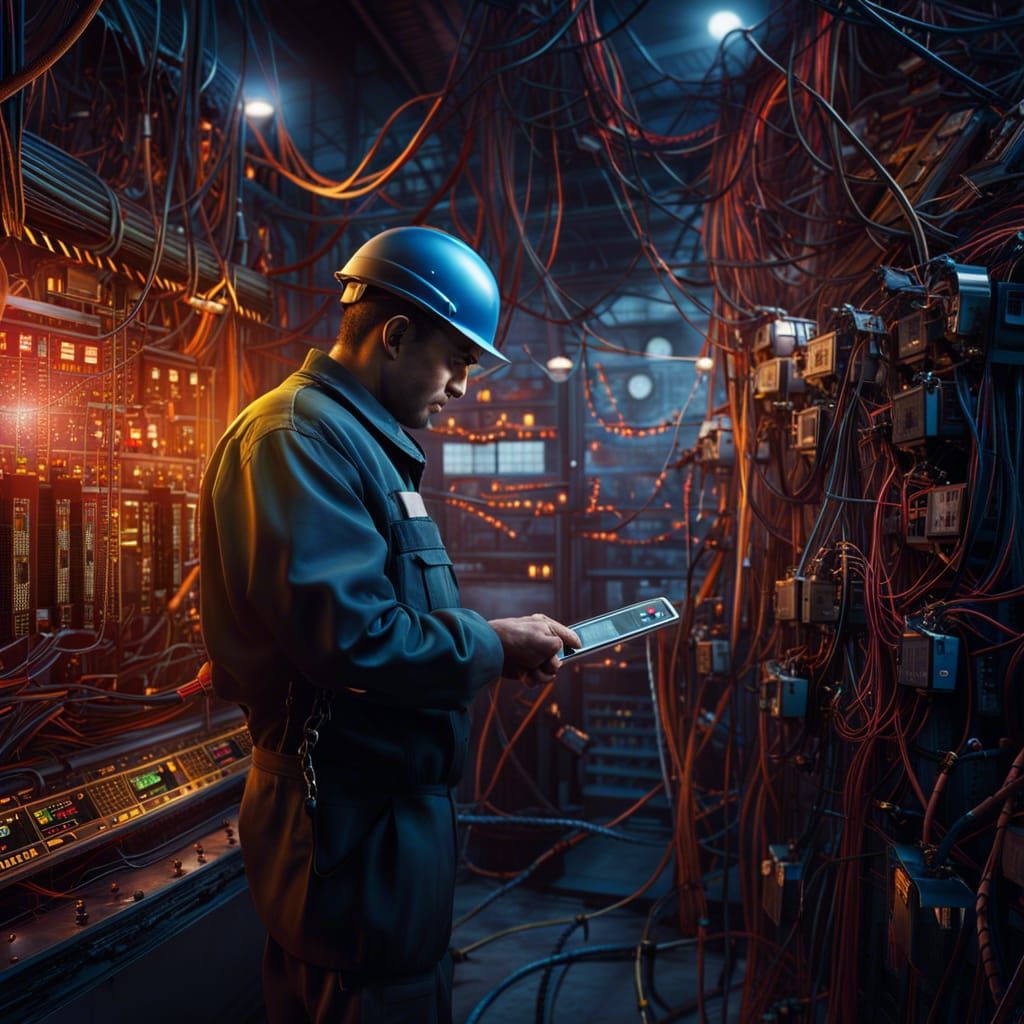 Electrician Connects High-Voltage Systems: Detailed Matte Pa...