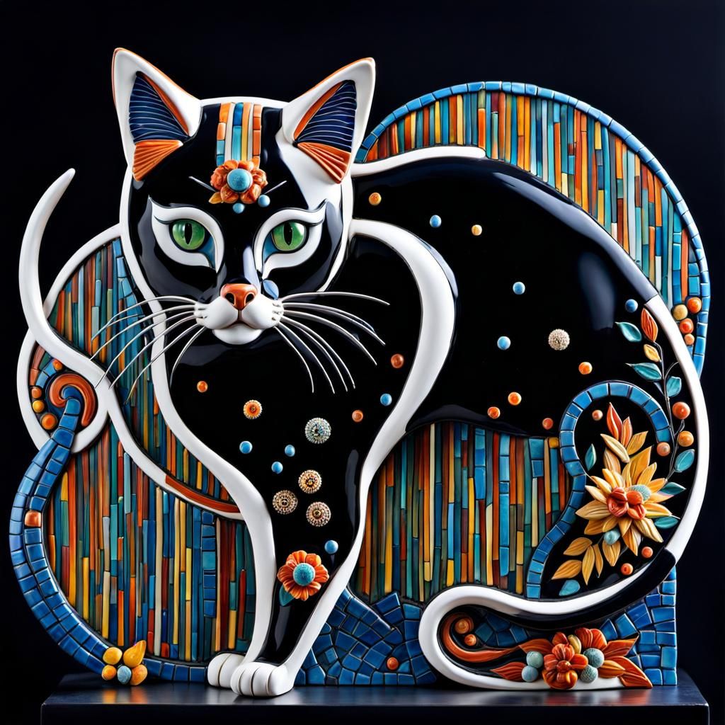 Robotic Cat Ceramic Sculpture in Splash Art Style