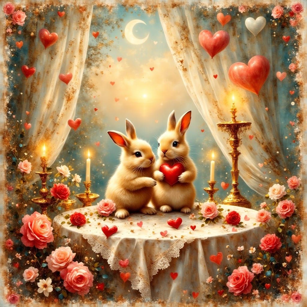 Romantic Victorian Valentine's Day Postcard with Bunnies