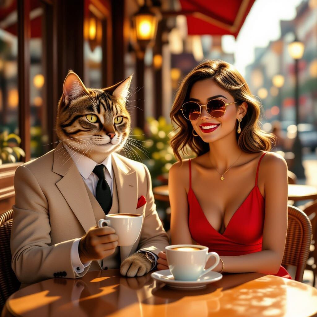 Anthropomorphic Cats at a Cafe in Golden Light