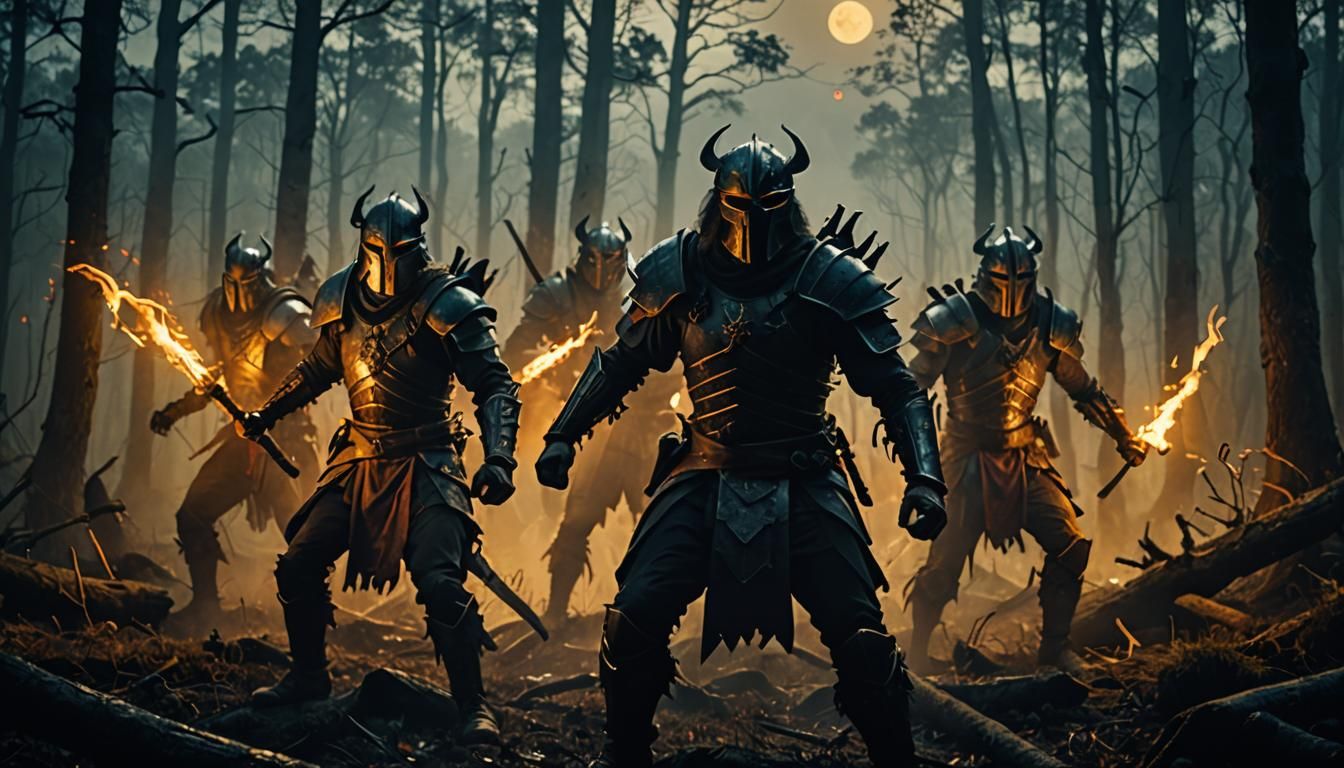 Dark Warriors Fight Monsters in Misty Forest