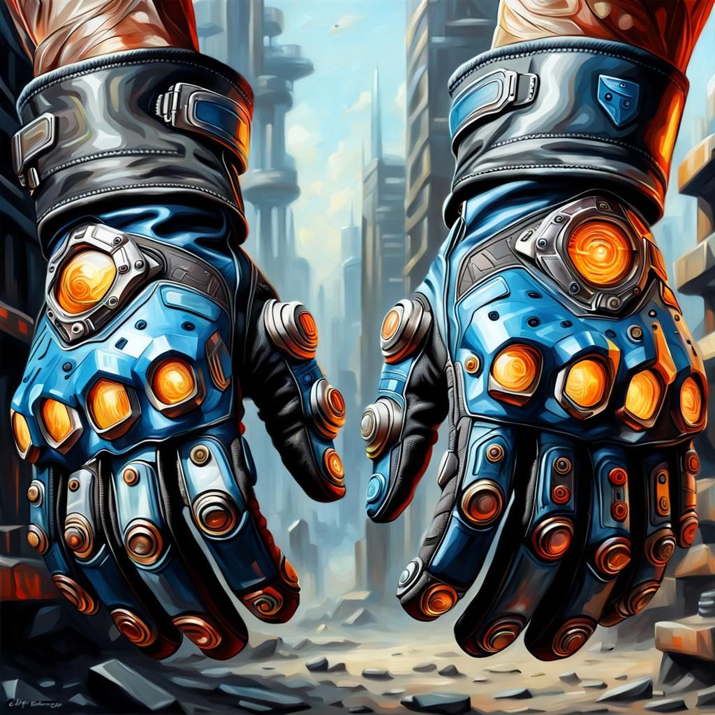 Detailed Futuristic Combat Gloves as Oil Painting