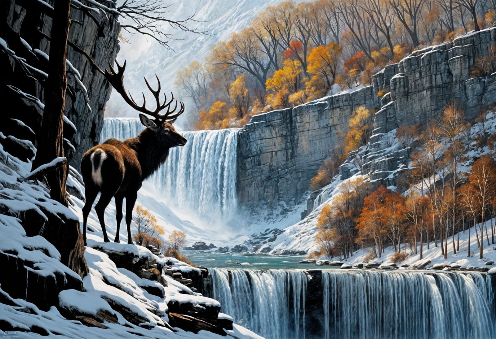 Stag at Snowy Niagara Falls in Winter
