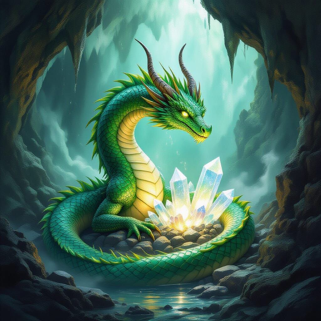 Emerald Dragon Guarding Crystals: Digital Painting