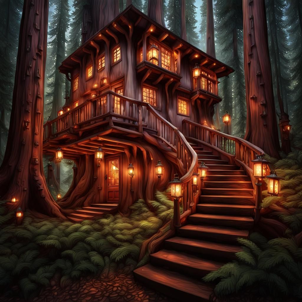 Enchanting Redwood Treehouse in Hyperrealistic Forest