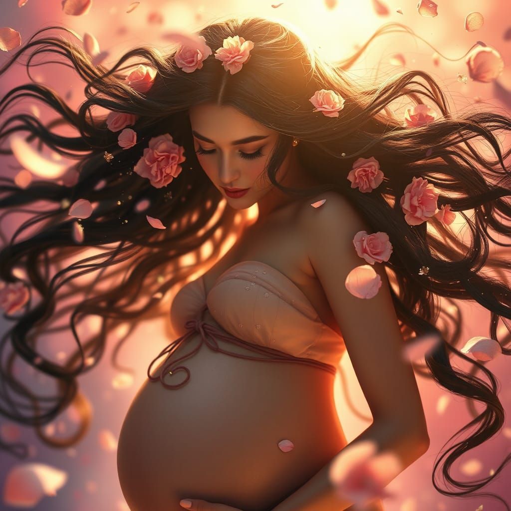 Ethereal Portrait of Pregnant Woman in Dreamlike Setting