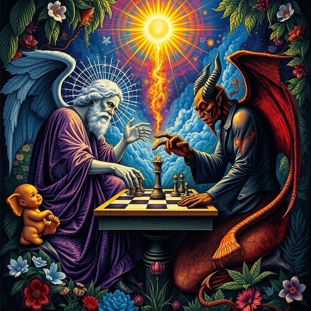 God and Devil Play Chess in Cosmic Garden
