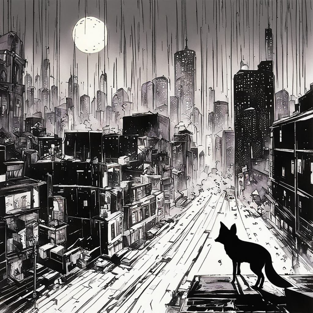 Fox in Noir Cityscape, Mist & Rain
