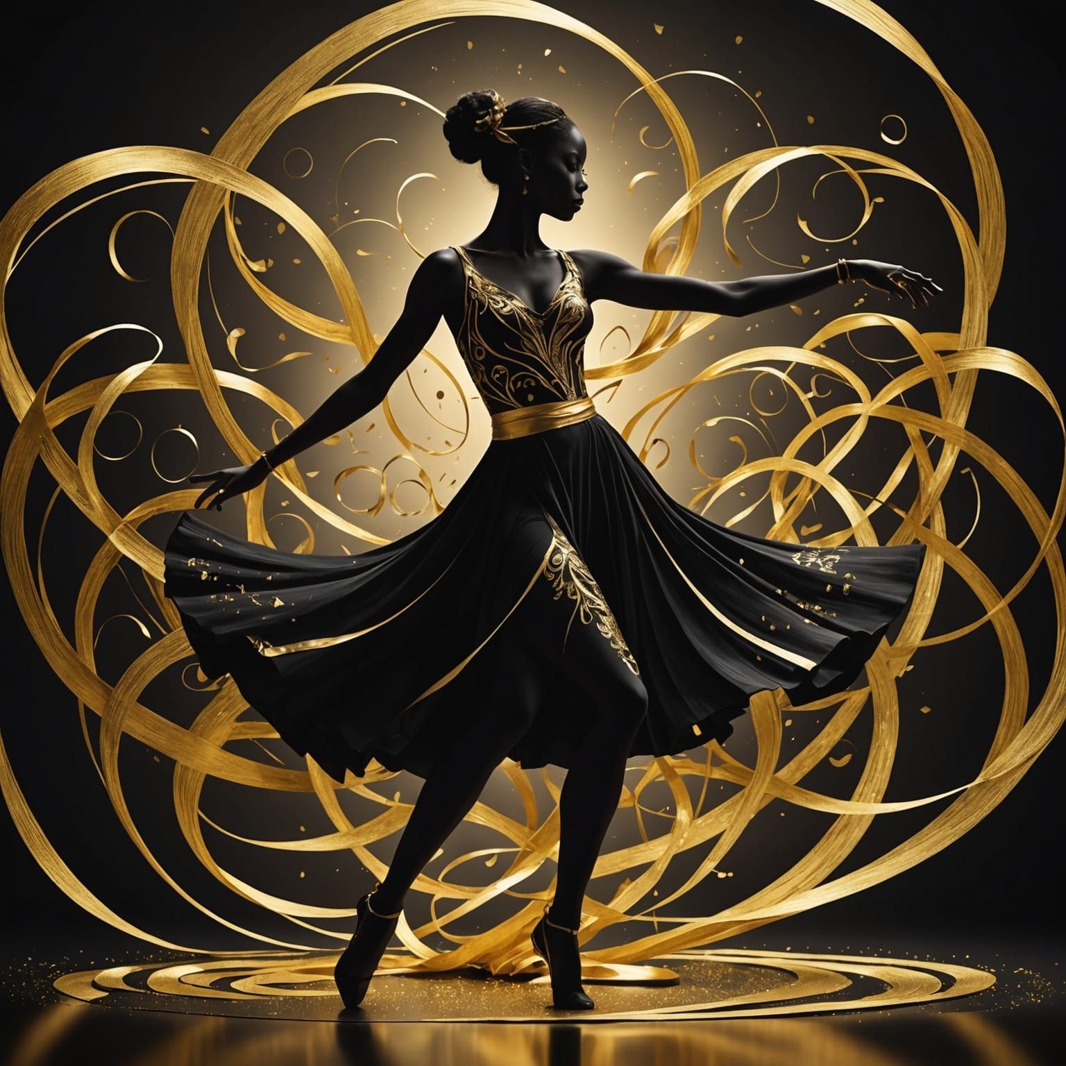 Artful Dancer Silhouette with Golden Ribbons