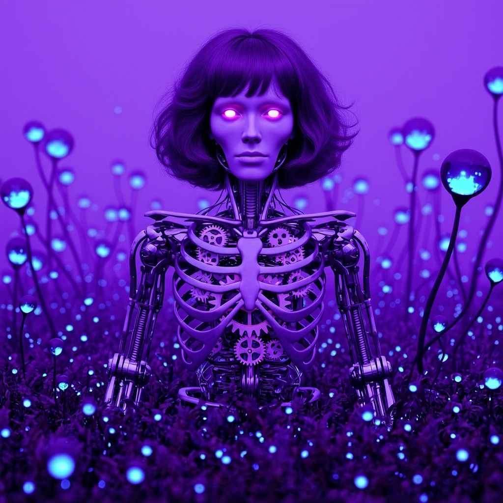 Futuristic Android Skeleton with Soft Hair in Digital Art