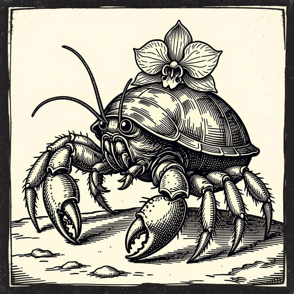 Medieval Woodcut Creature: Crab, Spider, Orchid Fusion