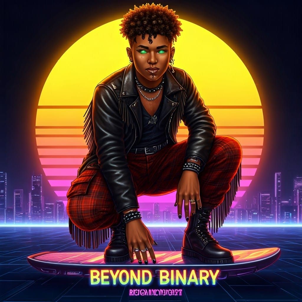 Nonbinary Hero in Cyberpunk Cityscape