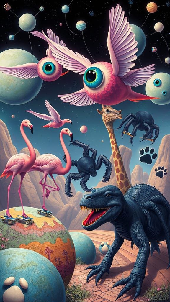 Whimsical Dreamscape with Flying Eyeballs and Surreal Creatu...
