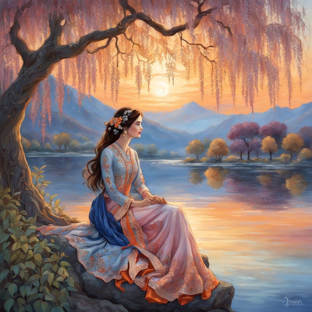 Ethereal Lady Under Willow Tree by Serene Lake at Sunset
