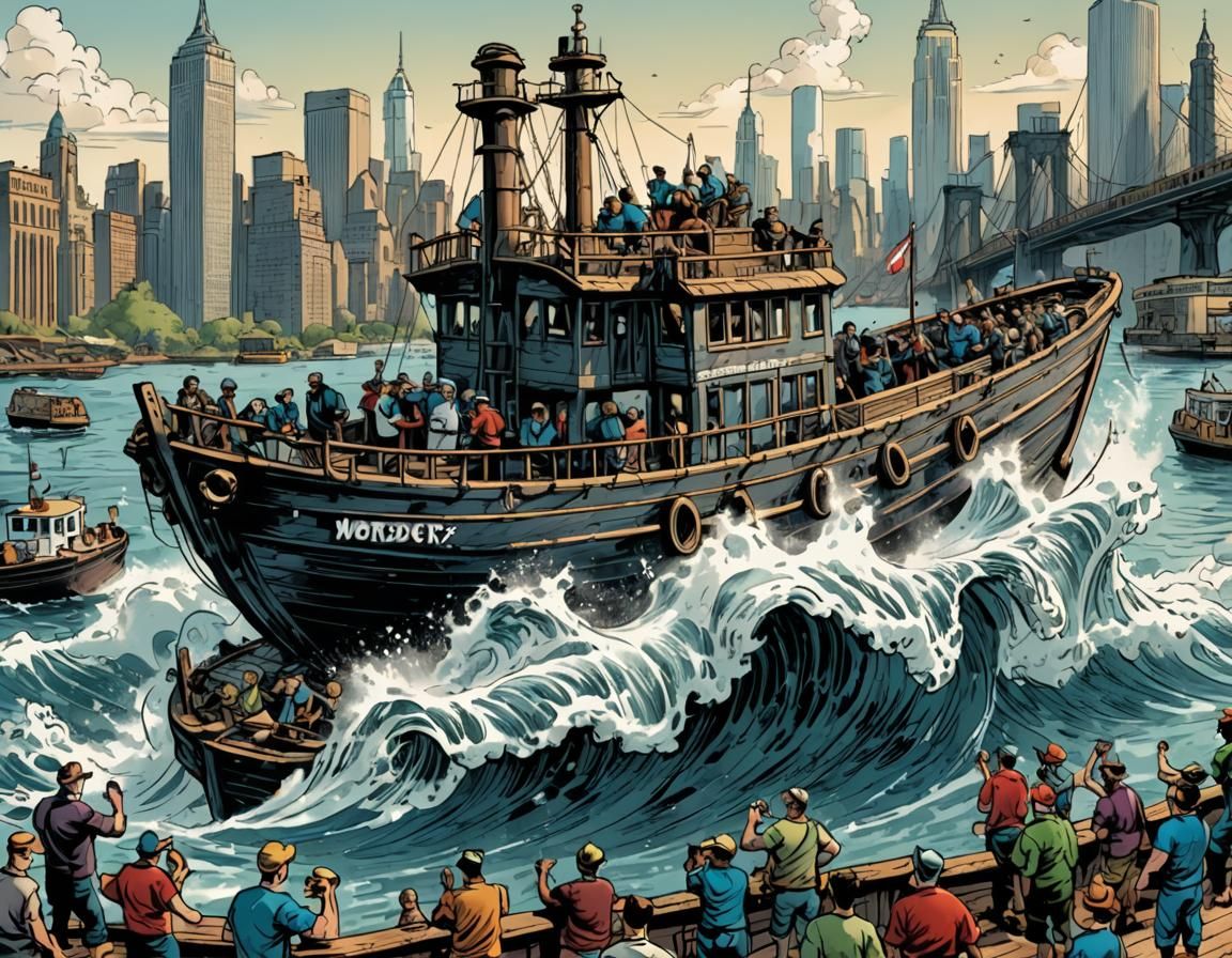 Popeye Sails Newspaper Boat in Comic Book Art Style