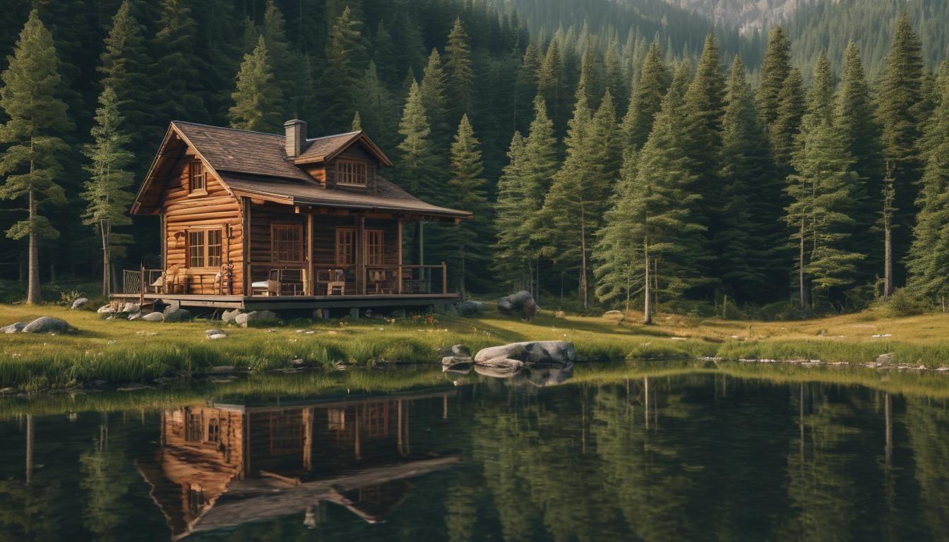 Elegant Nature Illustration with Cozy Cabin