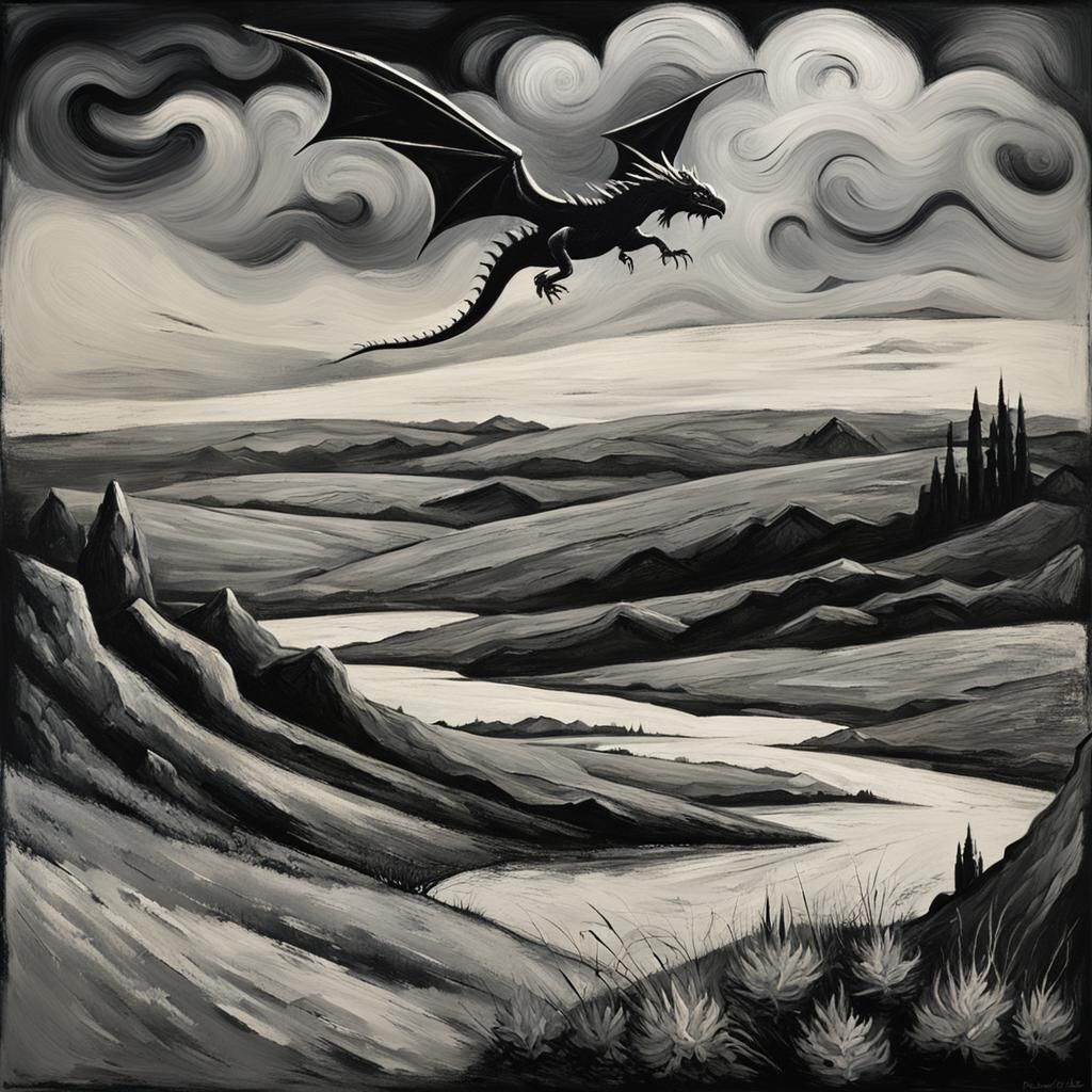 Dragon Soaring Over Bleak Landscape in Post-Impressionistic ...