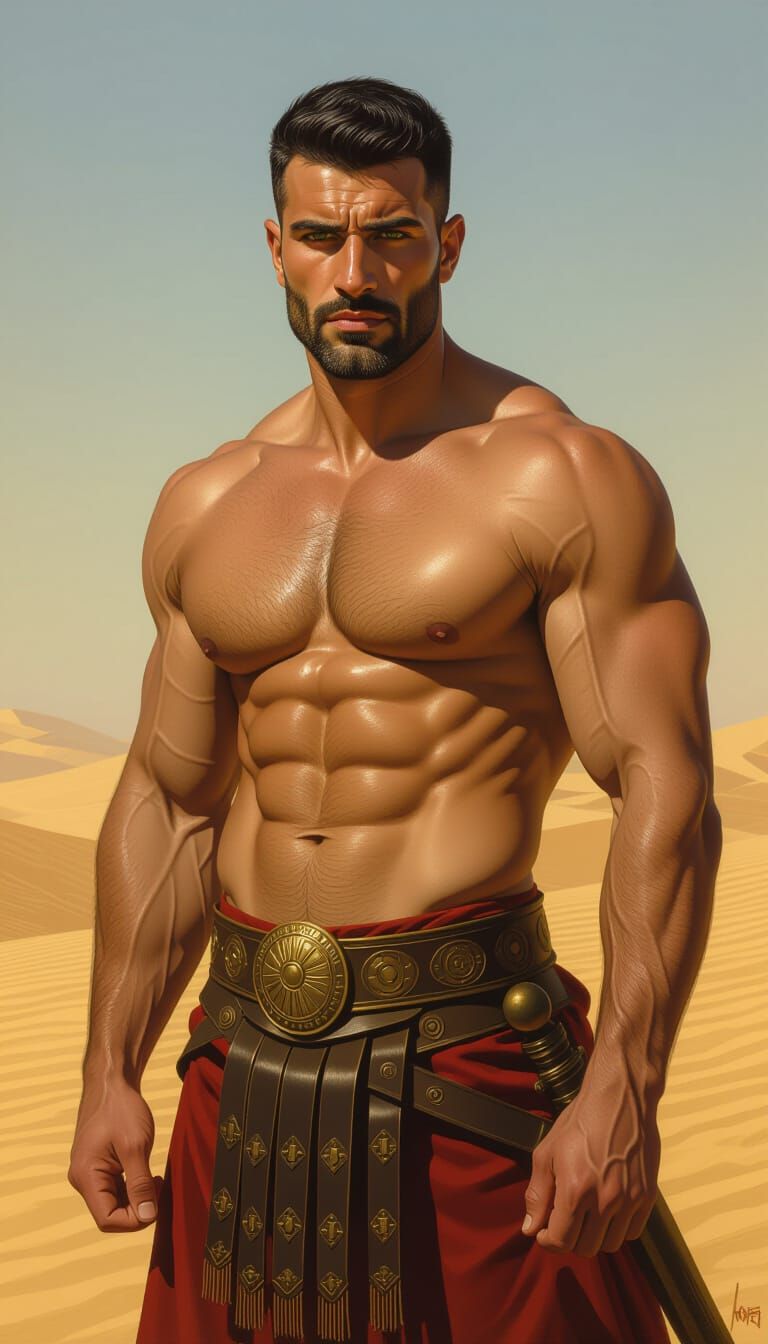 Muscular Persian Man in Desert, Realistic Style