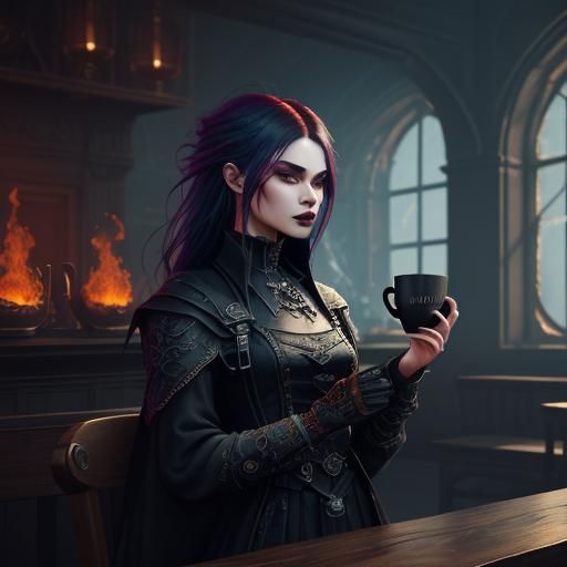 Goth Model in Coffee Shop with Fire, Fantasy Art