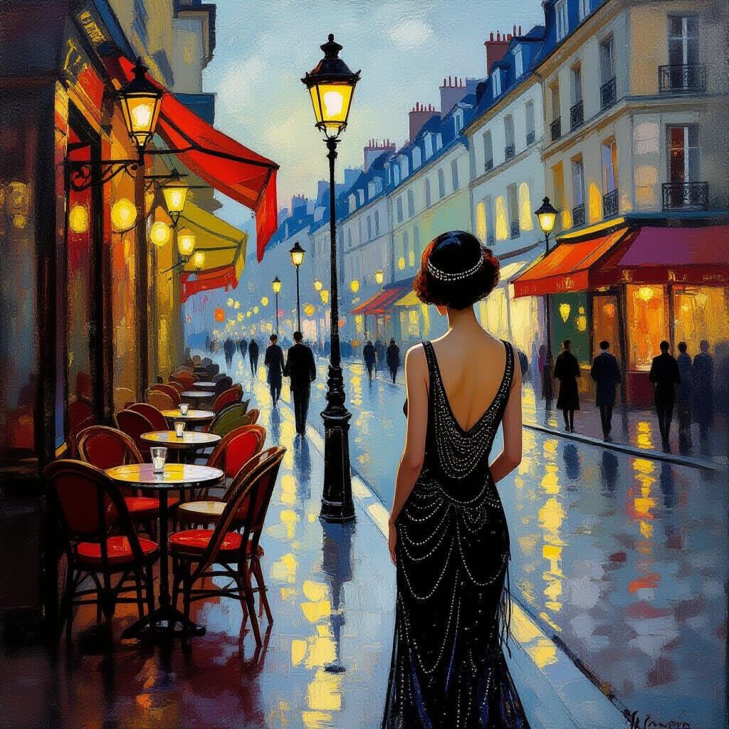 1920s Paris Twilight Scene with Flapper Girl
