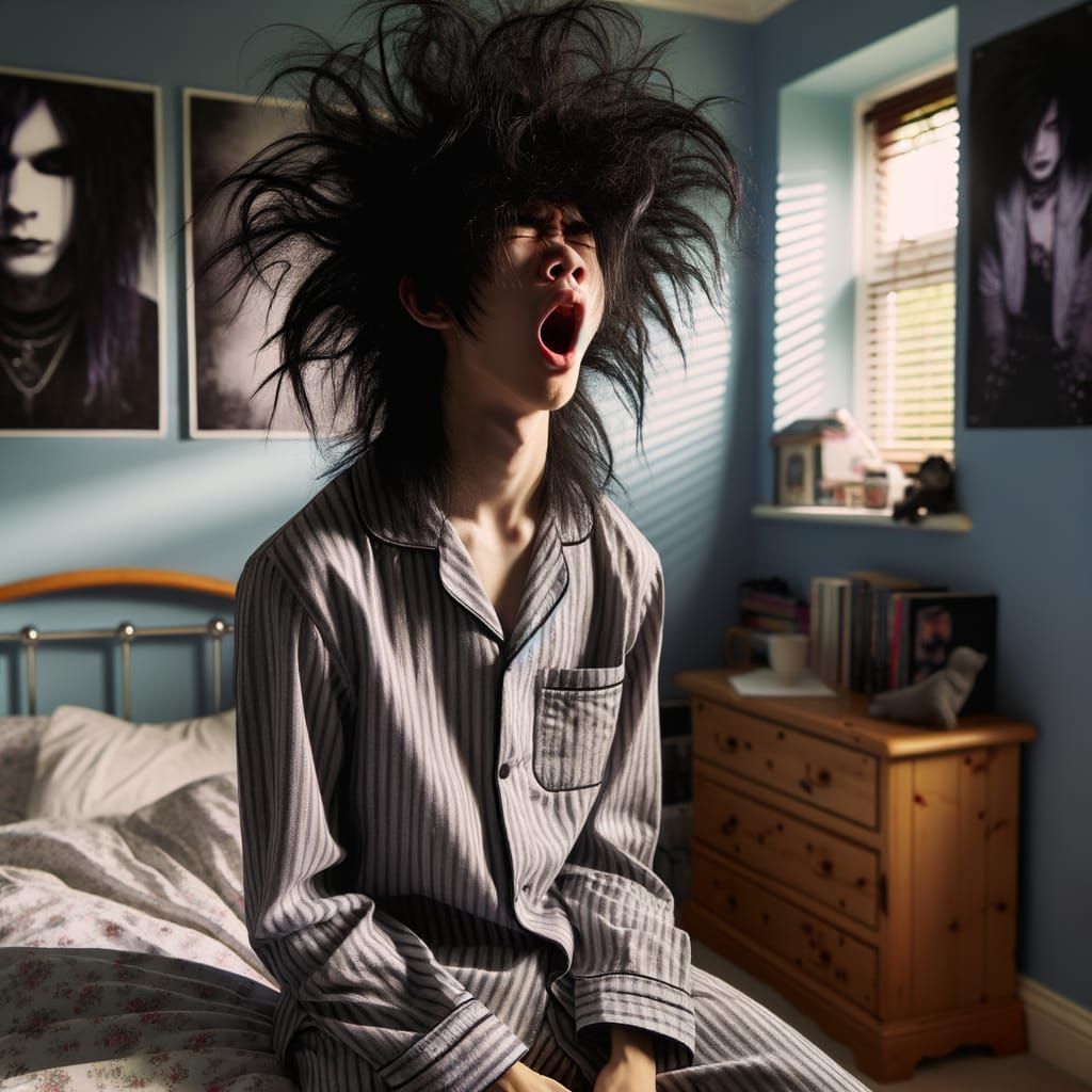 Gothic Teenager Waking Up with Wild Hair
