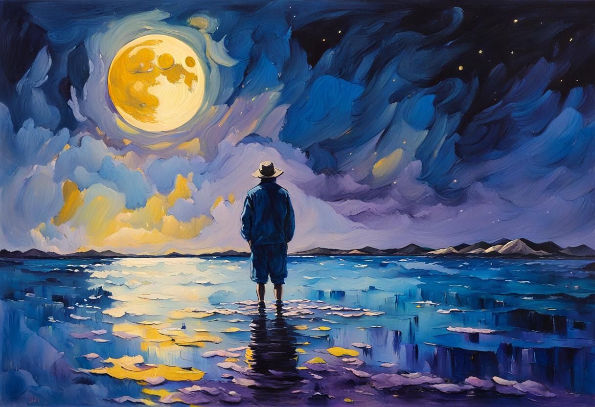 Dreamlike Gouache Painting of Figure Under Moonlight