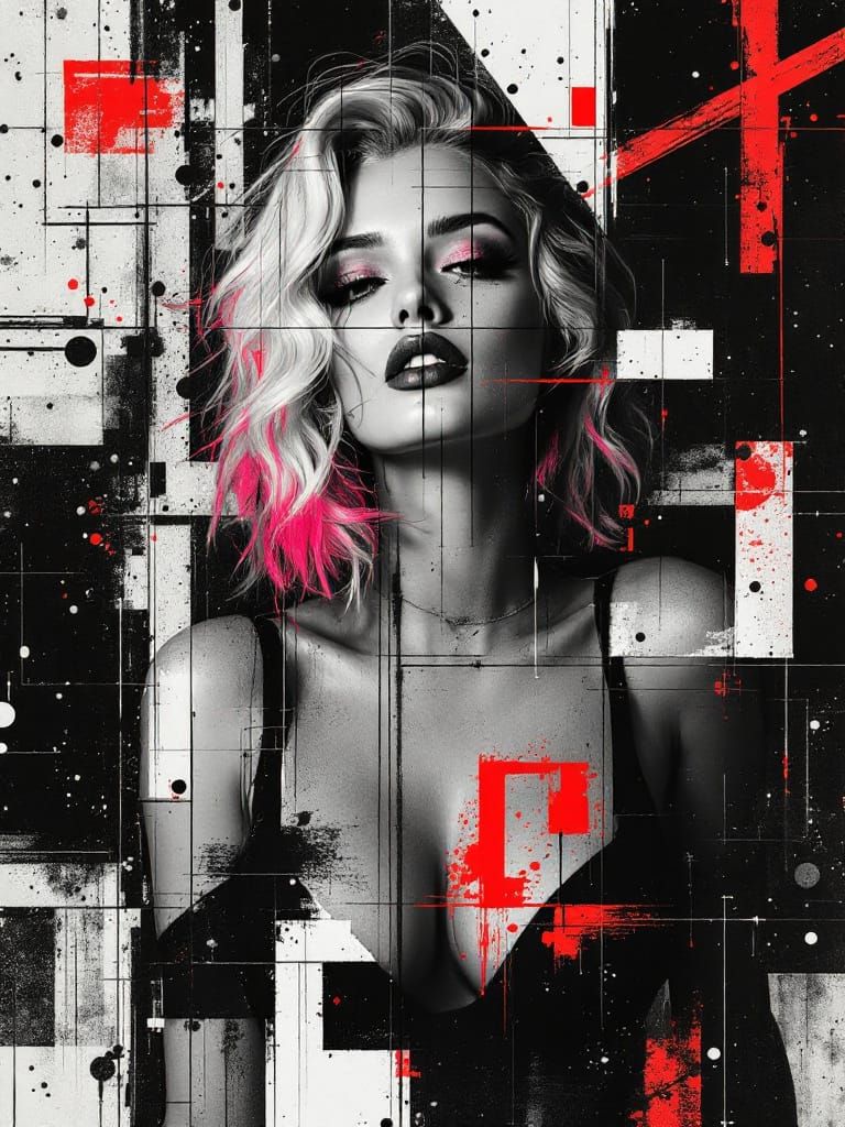 Stylized Portrait in Geometric Grid with Ink Splatters