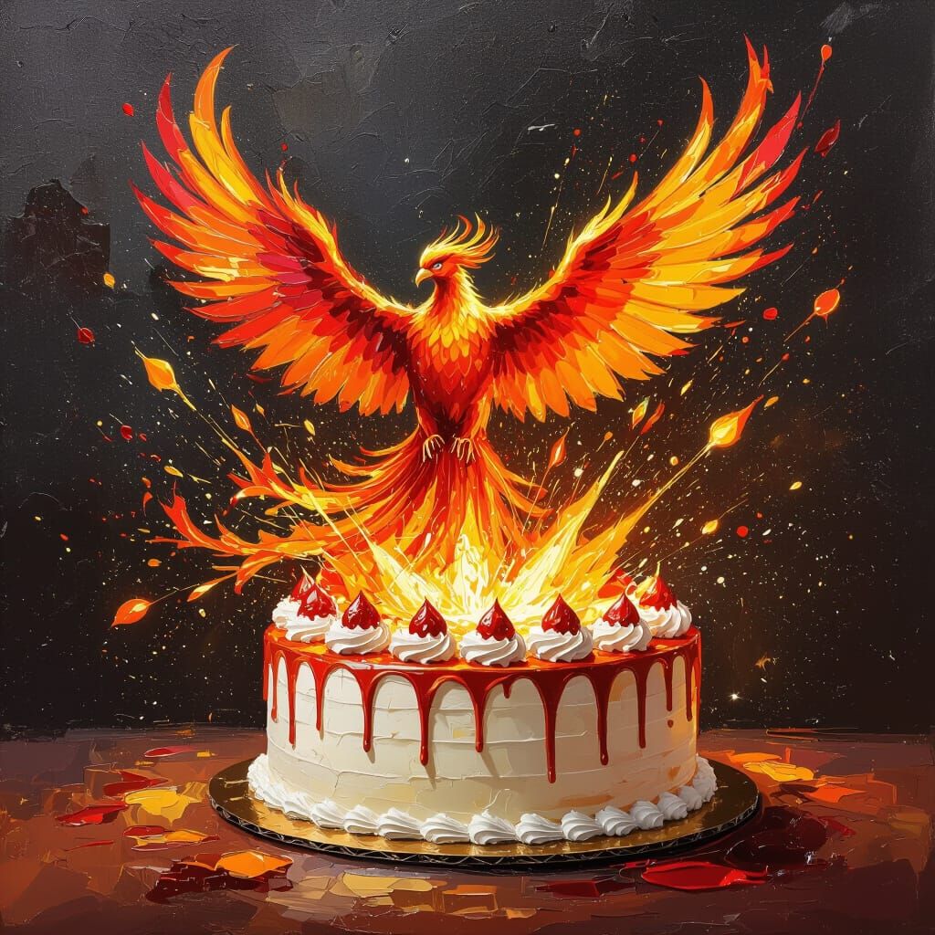 Phoenix Rising from Birthday Cake: Impressionist Art