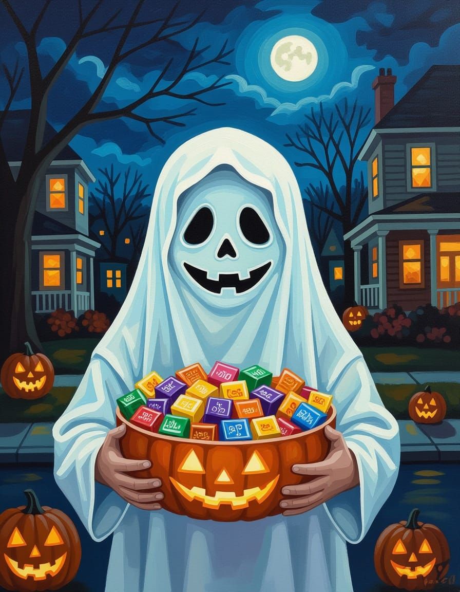 Kid in Ghost Costume Offers Halloween Candy Bowl