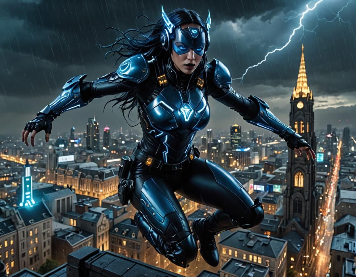 Zoanoid Goth Monster Leaping Over Cyberpunk City