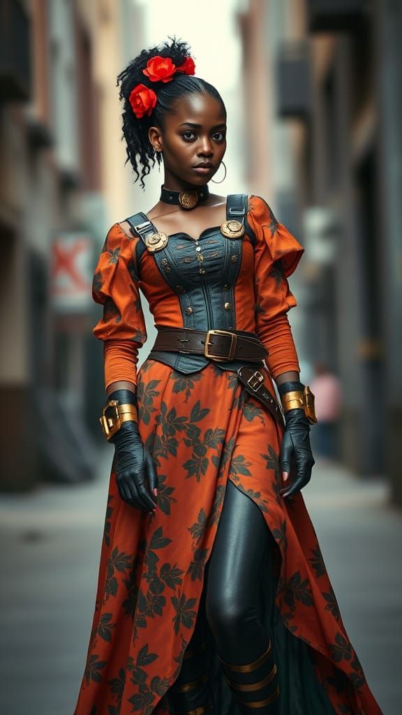 A young beautiful afro american woman, positioned slightly off-center to the right of the image, is depicted in a styliz...