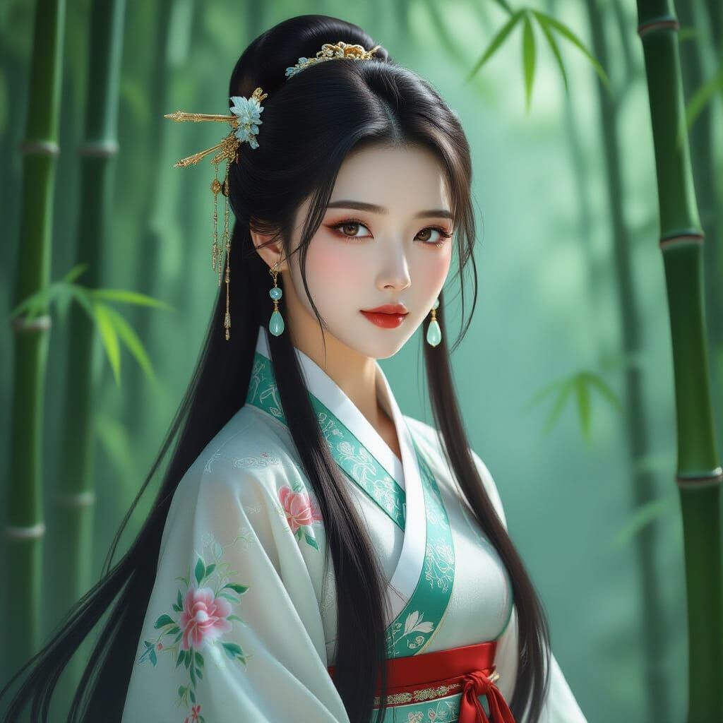Korean Woman in Bamboo Forest, Art Nouveau Style