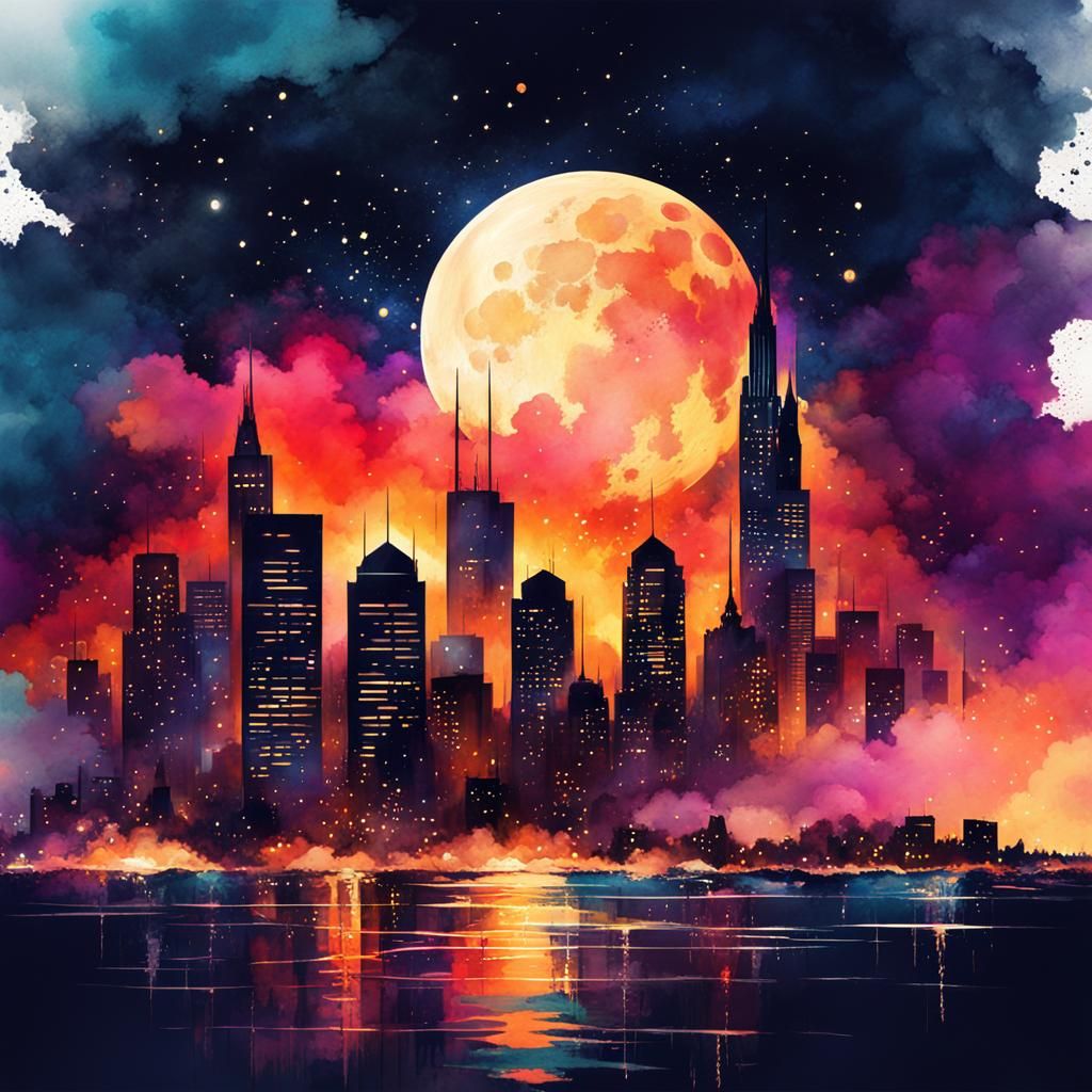 Neon Cityscape at Night: Retro Digital Illustration