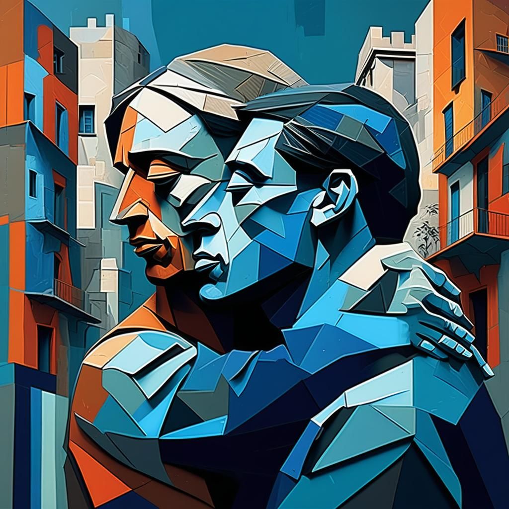Cubist Portrait of Two Lovers in Cityscape