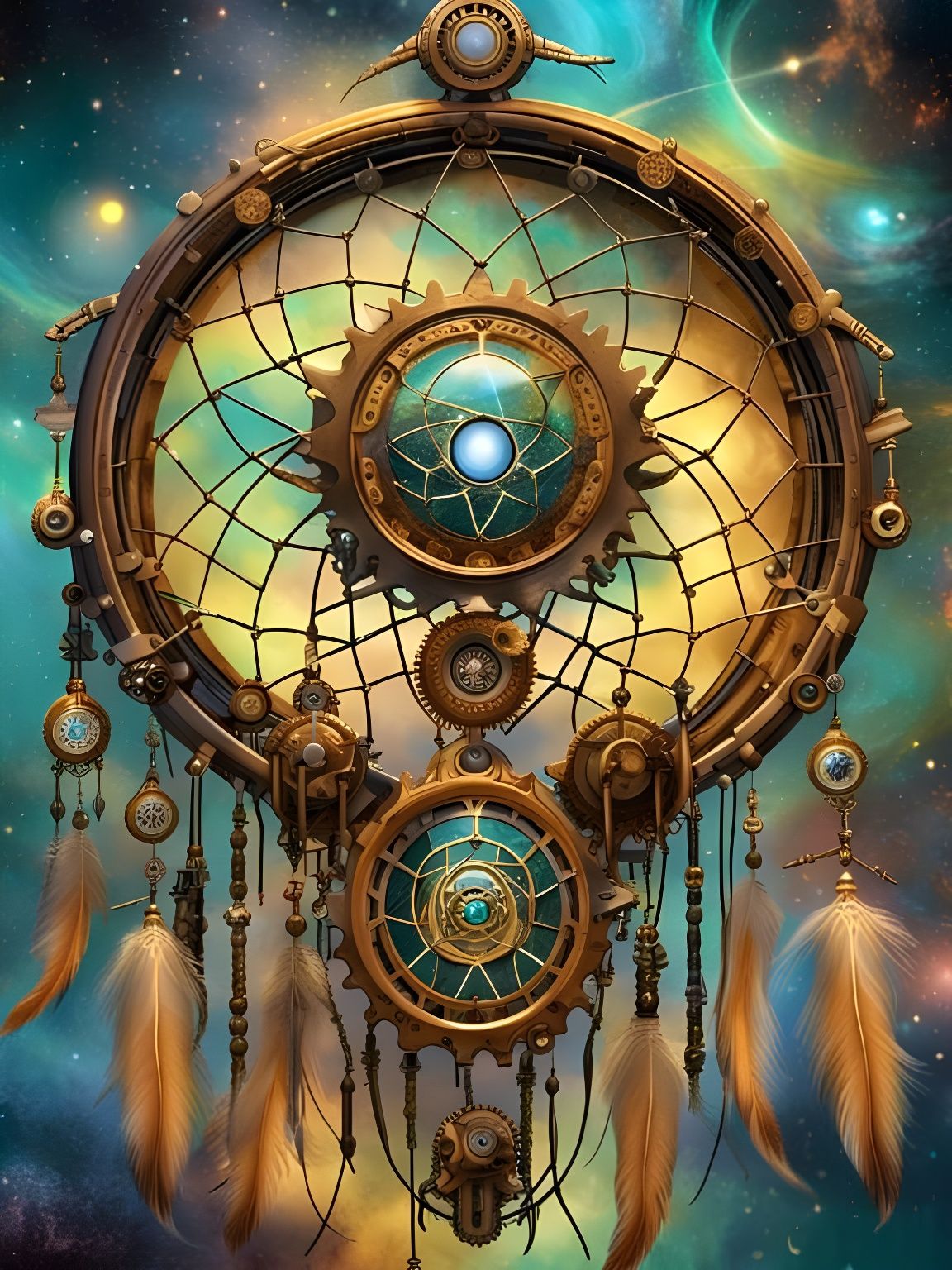 Steampunk Cosmic Dreamcatcher in CGI with Dramatic Lighting