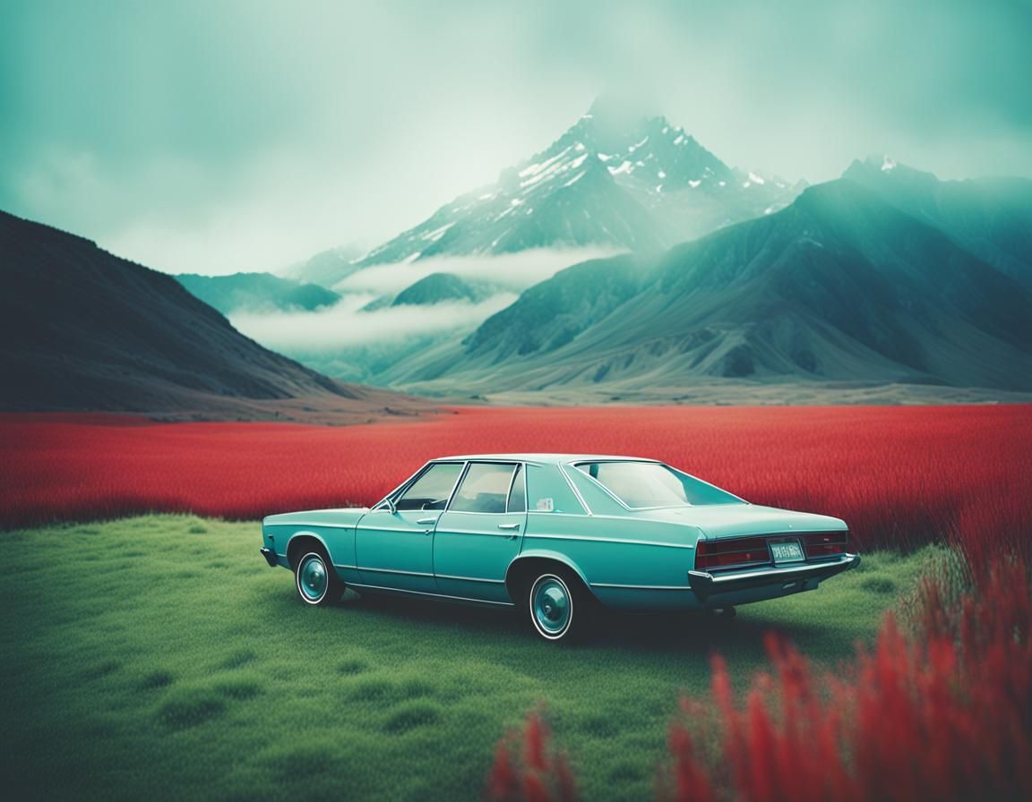 Red Car on Foggy Mountain in Polaroid Style