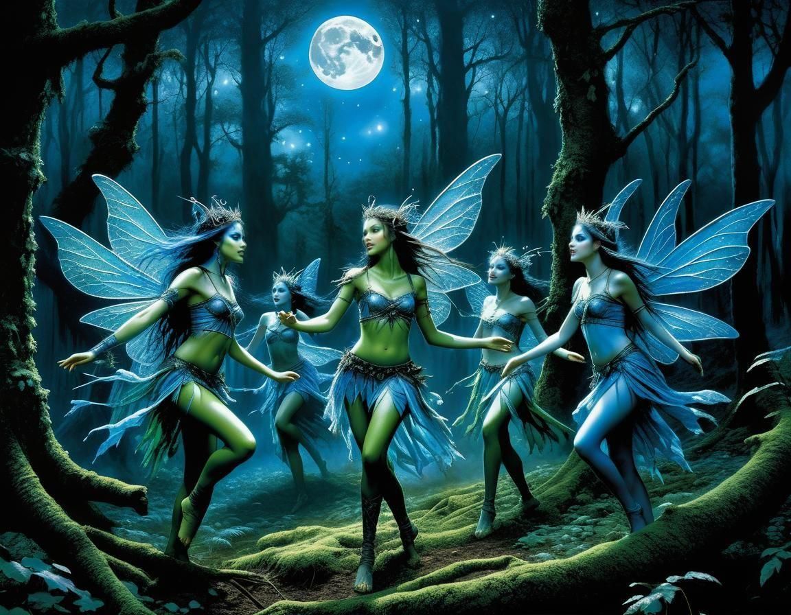 Fairies Dancing in Moonlit Forest, Illustration by Royo