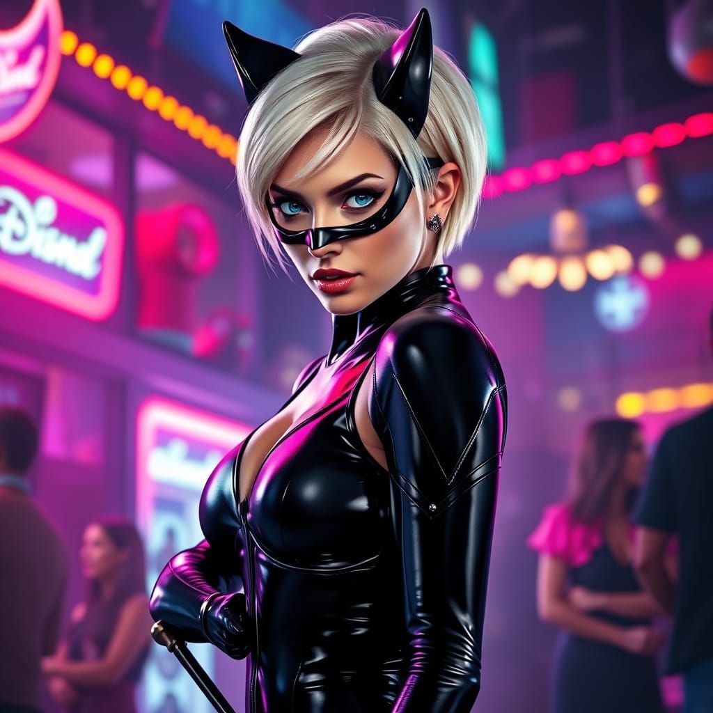 Sophisticated Catwoman Portrait in Neon Nightclub Setting