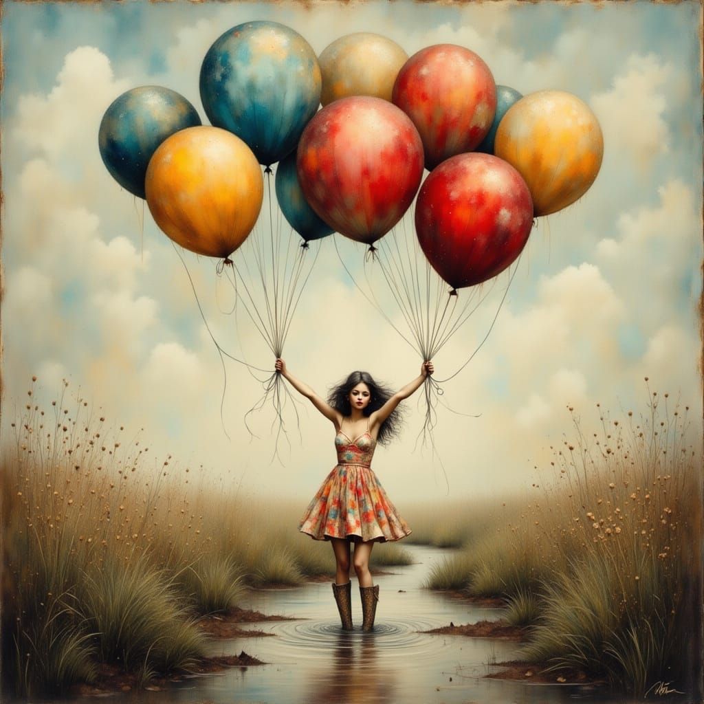 Woman Lifted by Balloons: Dreamy Digital Art