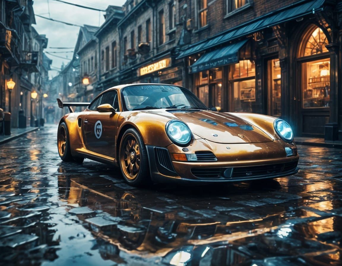 Futuristic Steampunk Porsche Races on Rainy Street