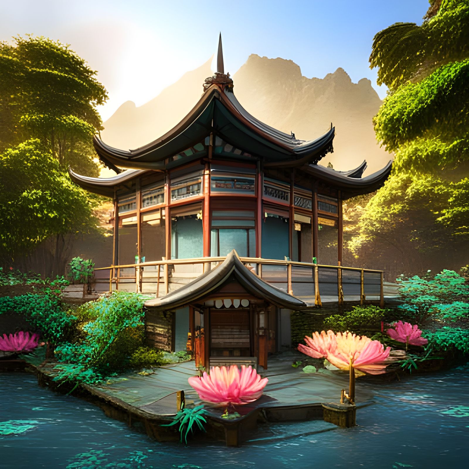 Magical Lotus Pavilion with Neon Flowers